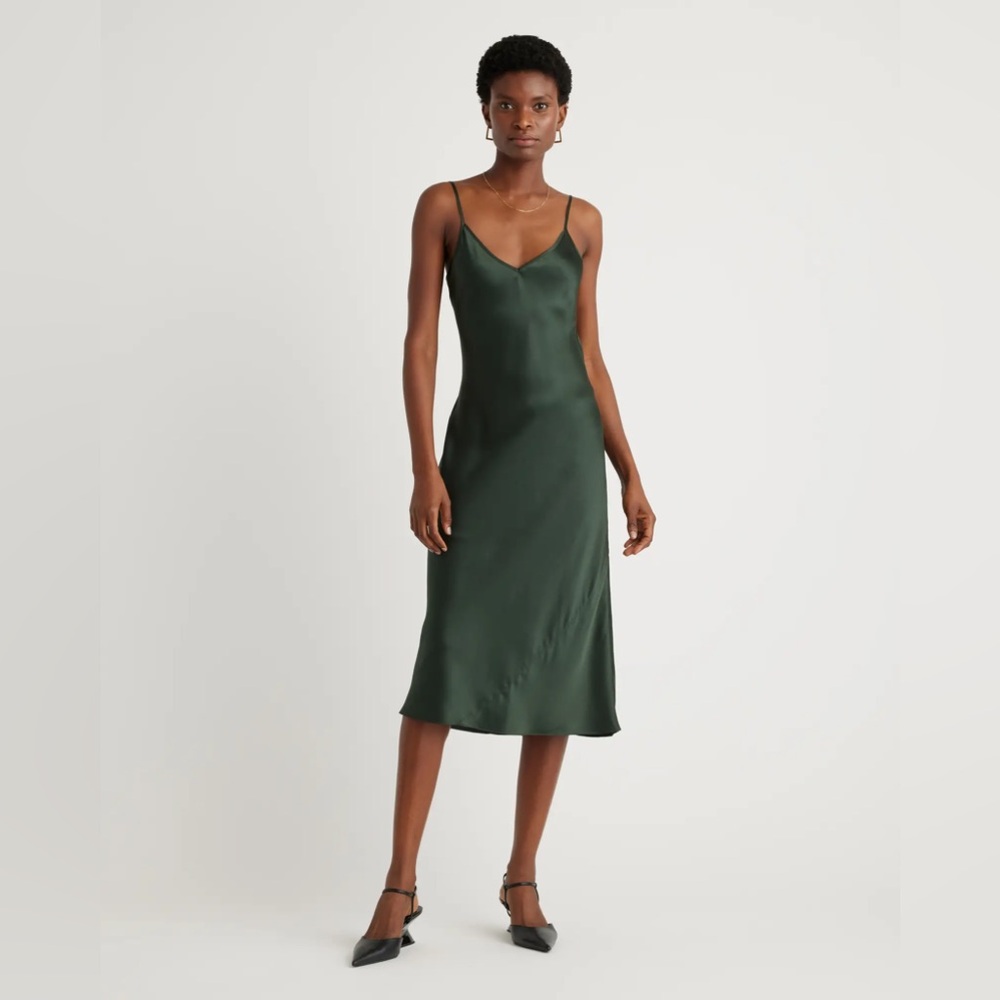 Quince 100% Washable Silk Slip Dress - Forest Green - Size Large